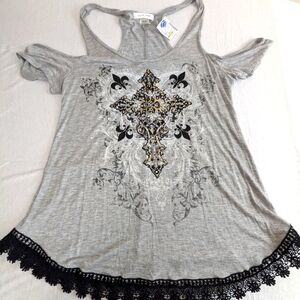 NWT Bohemian Cold Shoulder Grey Blouse with Black Lace Trim Cross Bling Large